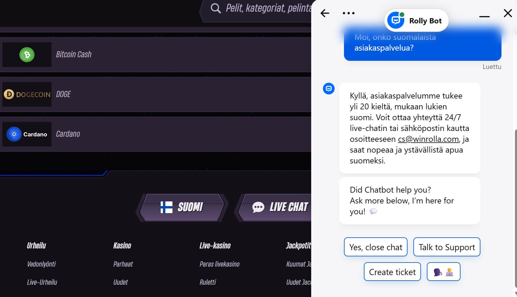 Win Rolla asiakaspalvelu